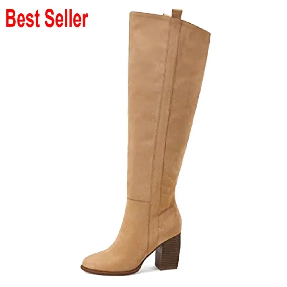 Faux Suede Over The Knee Thigh High Boots Pointed Toe Chunky Block Heel
